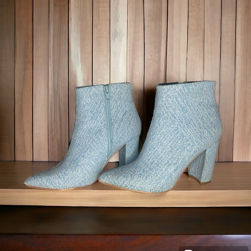 Allegra K women’s glitter pointed toe chunky heel ankle boots in light blue 5.5